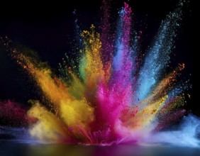 A colorful explosion powder on black background.. Multicolored powder explosion, AI generated