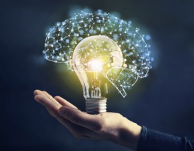 Light bulb with industry network, mind, analysis solution . Creative concept with a light bulb, AI