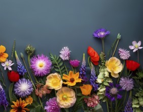 A variety of colorful wildflowers flourish on a hillside against a blurred mountainous backdrop.