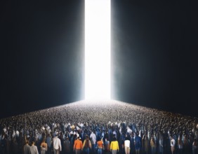 A vast group of people walking towards a glowing light in a symbolic display of hope, unity, and