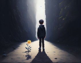 A dark canyon with a child standing near a blooming yellow flower, symbolizing hope in solitude, AI