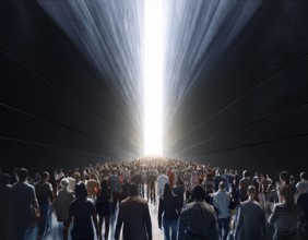 A large group of individuals moving toward a bright, glowing light in a narrowwall passage,