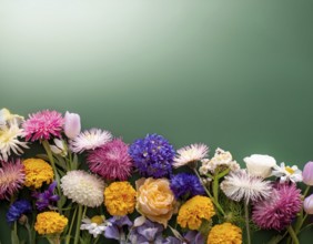 A variety of colorful wildflowers flourish on a hillside against a blurred mountainous backdrop.