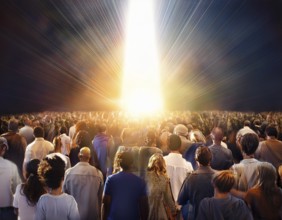 A large group of individuals moving toward a bright, glowing light in a narrowwall passage,