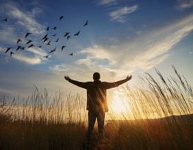 A silhouetted figure standing in a vibrant field, arms wide open, admiring the beauty of the