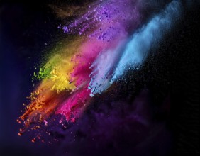 A colorful explosion powder on black background.. Multicolored powder explosion, AI generated
