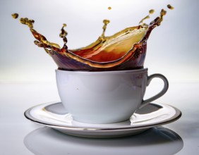 A visually dynamic splash of coffee leaping out of a sleek white cup, embodying energy and motion