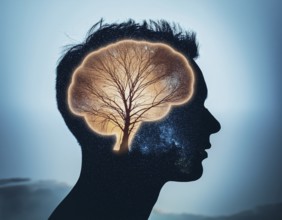 A creative representation of a human head silhouette incorporating an illuminated brain. The image