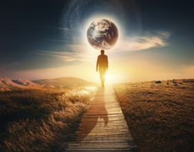 A surreal image of man walking on a boardwalk toward a large depiction of Earth surrounded by