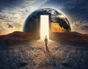 A surreal image of man walking on a boardwalk toward a large depiction of Earth surrounded by