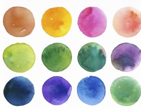 Colorful watercolor circles painted on a white background create a vibrant and artistic design.