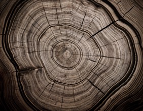 Detailed view of a tree cross-section highlighting its growth rings. Ideal for illustrating