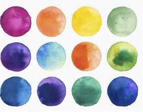 Colorful watercolor circles painted on a white background create a vibrant and artistic design.