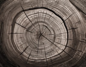 Detailed view of a tree cross-section highlighting its growth rings. Ideal for illustrating