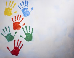 Brightly colored handprints in various hues arranged artistically on a textured white surface,