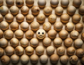 Wooden balls feature faces, one smiling among sad expressions, representing positivity or