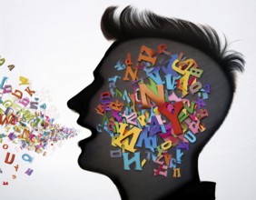 A striking depiction of creativity and communication, showing colorful letters flowing from the