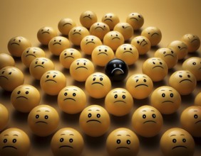 Wooden balls feature faces, one smiling among sad expressions, representing positivity or