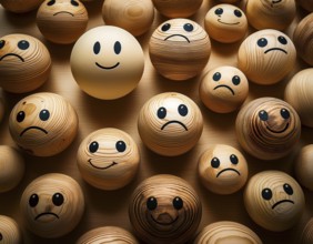 Wooden balls feature faces, one smiling among sad expressions, representing positivity or