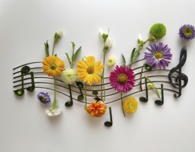 Floral arrangement creatively mimicking sheet music, blending vibrant flowers and artistic design