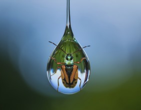 A close-up artistic depiction of a insect inside a water droplet, floating on ripples. Evoking