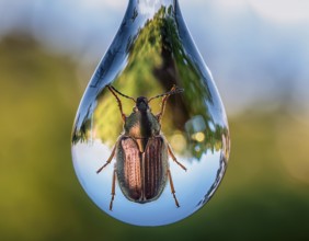 A close-up artistic depiction of a insect inside a water droplet, floating on ripples. Evoking