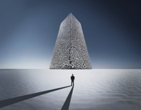 A lone individual stands at the edge of a large circular maze, contemplating choices and challenges