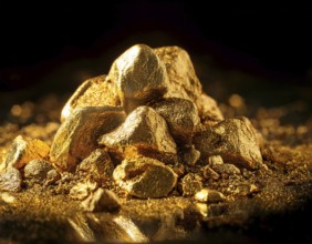 Close-up view of a pile of golden nuggets with a reflective surface, showcasing their natural