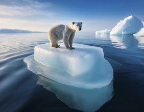 Polar bear is perched on a floating piece of iceberg, surrounded by vast blue waters and under a