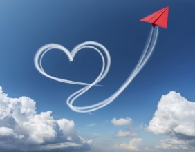 A red paper airplane depicted in flight with an artistic heart-shaped trail. The blue sky