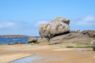 Spectacular pink granite rocks, sculpted by wind and sea, pile up on the beach of the Cote de