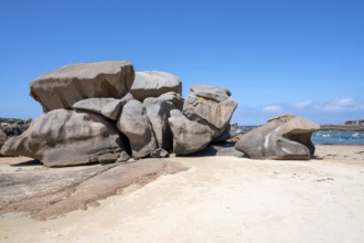 Spectacular pink granite rocks, sculpted by wind and sea, pile up on the beach of the Cote de