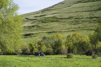 A black van stands in a green spring landscape in front of a gentle hill in the background, camper,