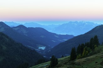 View from the Furkajoch to the Säntis, mountain range, dawn, autumn, Vorarlberg, Austria