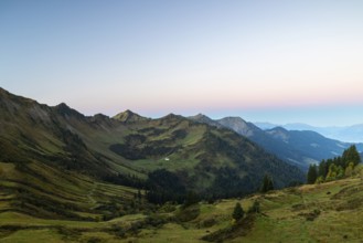 View from the Furkajoch into the Laternser valley, mountain range, dawn, autumn, Vorarlberg,