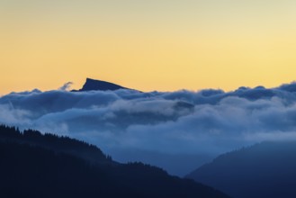 View from the Furkajoch to the Hoher Ifen, mountain peak above the sea of fog, dawn, dawn, autumn,