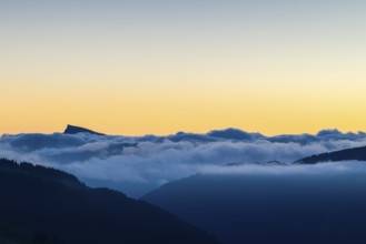 View from Furkajoch to Hoher Ifen, mountain range above sea of fog, dawn, dawn, autumn, Vorarlberg,