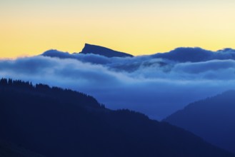 View from the Furkajoch to the Hoher Ifen, mountain peak above the sea of fog, dawn, dawn, autumn,