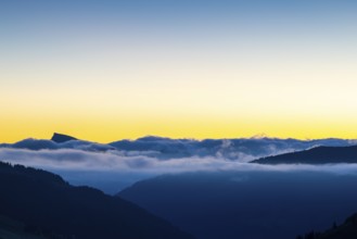 View from Furkajoch to Hoher Ifen, mountain range above sea of fog, dawn, dawn, autumn, Vorarlberg,