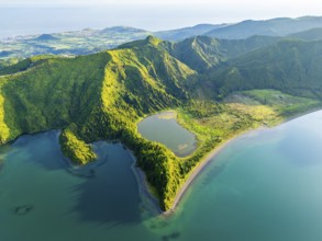 Lagoa do Fogo Lake on Sunny Morning. Green Lush Hills and Mountains. Azores, Sao Miguel Island.