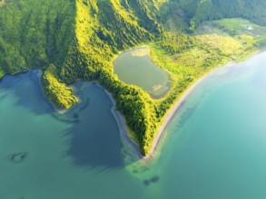 Lagoa do Fogo Lake at Sunrise. Green Lush Hills with Trees. Azores, Sao Miguel Island. Portugal.