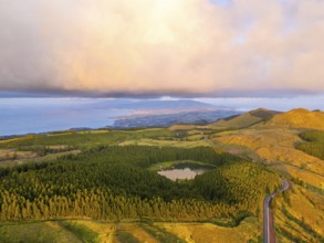 Hills, Forest and Lagoon Canario at Sunset. Atlantic Ocean. Azores, Sao Miguel Island, Portugal.