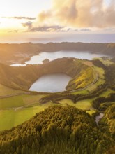 Sete Cidades Massif at Sunset. Blue Lake and Santiago Lake. Forest and Hills. Azores, Sao Miguel