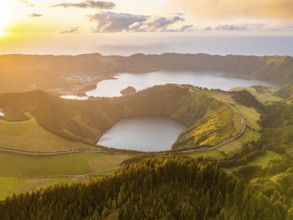 Sete Cidades Caldera at Sunset. Blue Lake and Santiago Lake. Forest and Hills. Azores, Sao Miguel