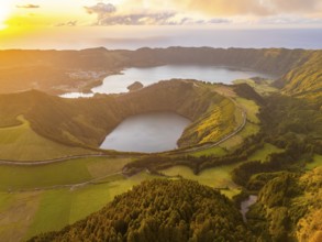 Sete Cidades Massif at Sunset. Blue Lake and Santiago Lake. Forest and Hills. Azores, Sao Miguel