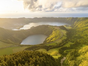 Sete Cidades Caldera on Sunny Evening. Blue Lake and Santiago Lake. Forest and Hills with