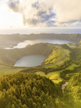 Sete Cidades Massif on Sunny Evening. Blue Lake and Santiago Lake. Forest and Hills with