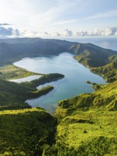 Lagoa do Fogo Crater Lake at Sunrise. Green Lush Hills and Mountains. Azores, Sao Miguel Island.