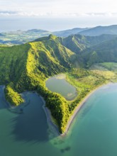 Lagoa do Fogo Lake on Sunny Morning. Green Lush Hills and Mountains. Azores, Sao Miguel Island.