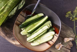 Lightly salted cucumbers in a square plate on a wooden background
